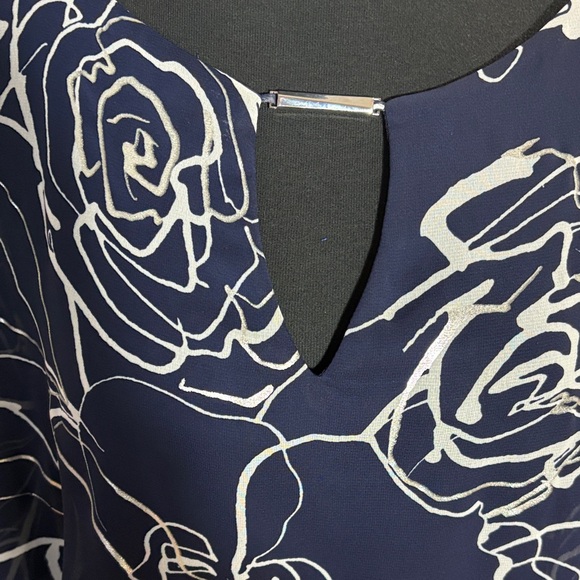 NWT Joseph Ribkoff Navy Blue and silver Rose Print Blouse - Picture 5 of 6